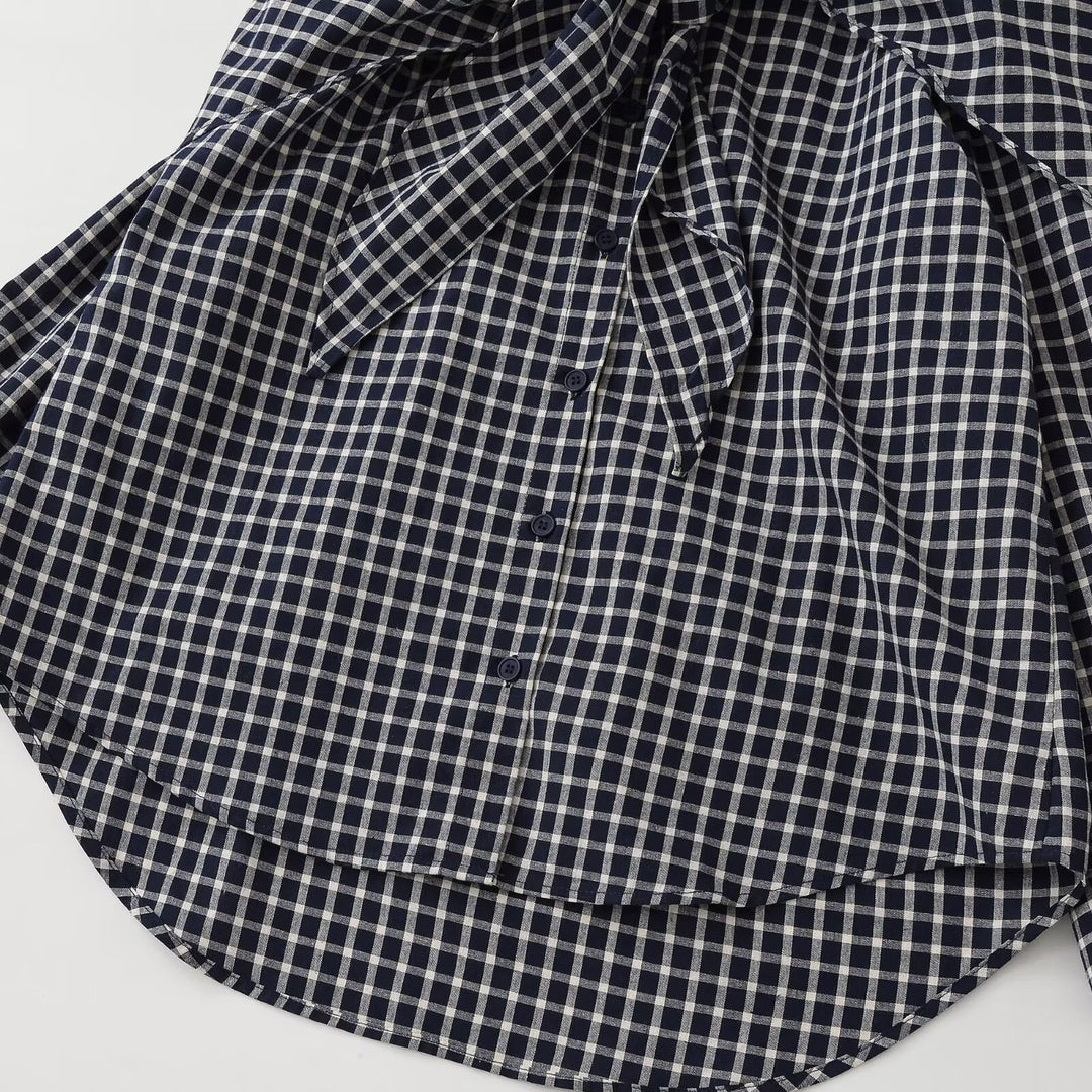 Women Oversize Checked Shirt Blouse with Cape Shoulder and Tie Bow Mune Fashion