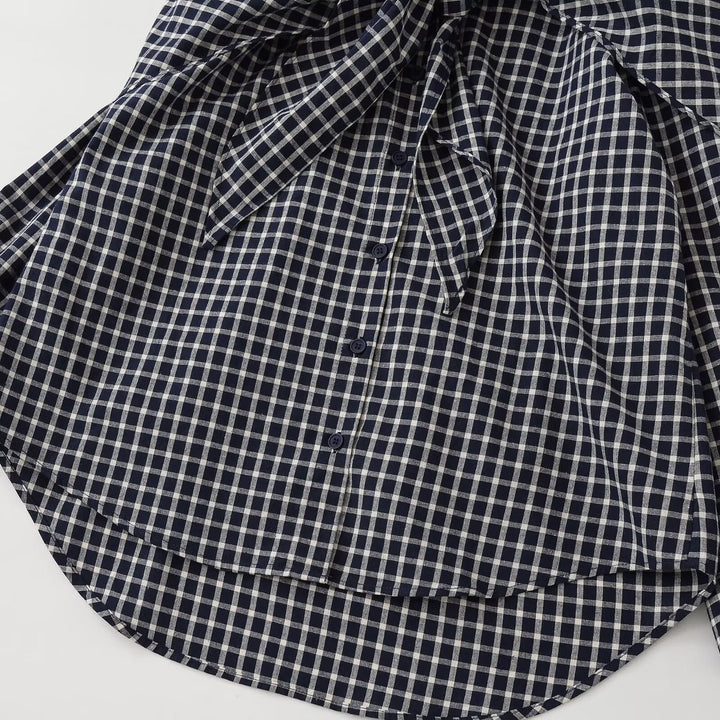 Women Oversize Checked Shirt Blouse with Cape Shoulder and Tie Bow Mune Fashion