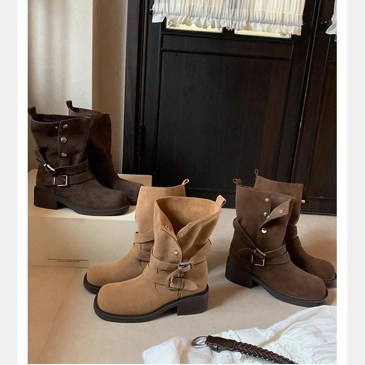 Women's suede biker boots with buckles and medium block heel Mune Fashion