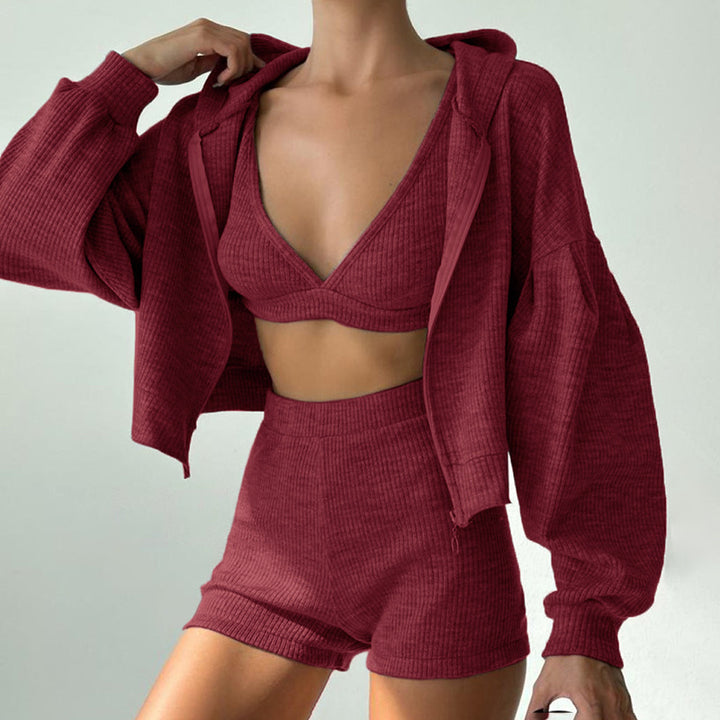 Women's short ribbed lounge set with hooded zip jacket and high-waist shorts Mune Fashion