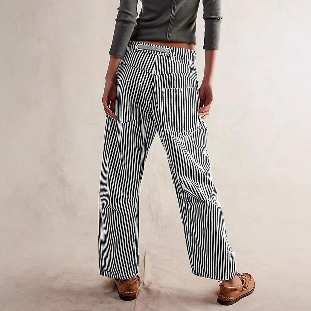 Women casual striped linen pants with drawstring and patch pockets Mune Fashion