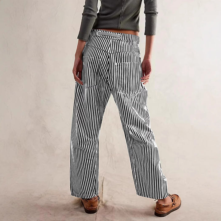 Women casual striped linen pants with drawstring and patch pockets Mune Fashion