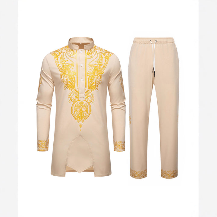 Men's Ornamental Tunic Set with Stand-Up Collar, Half Button Placket and Gold-Embellished Print Mune Fashion