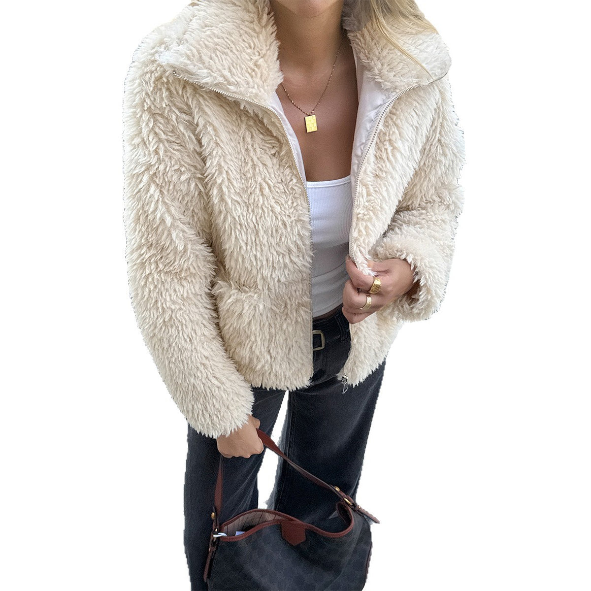 Women's teddy jacket with zip, high-neck collar, patch pockets, and short fit Mune Fashion