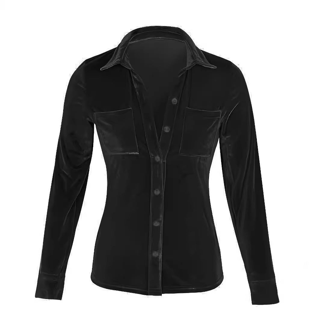 Women’s satin blouse with kent collar, chest pockets and casual oversized fit Mune Fashion