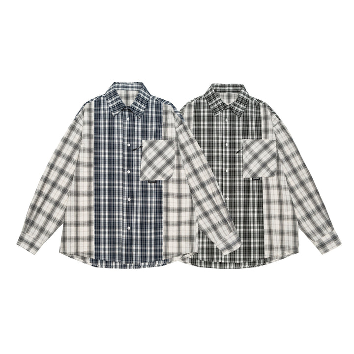Unisex Oversized Shirt Jacket with Patchwork Check Pattern and Rounded Hem Mune Fashion