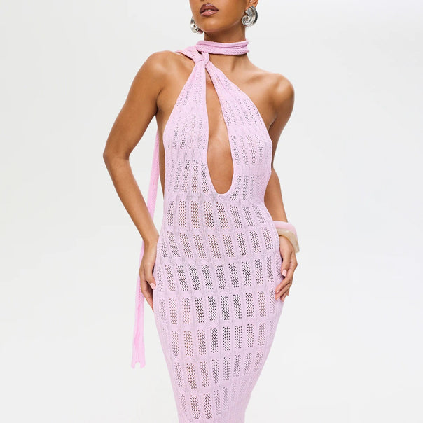 Women trendy net dress with tie belt Mune Fashion
