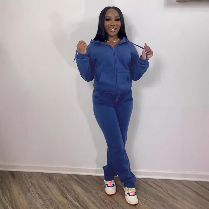 Women's Comfort Zip Hoodie with High Waist Bootcut Jogging Pants Set Mune Fashion