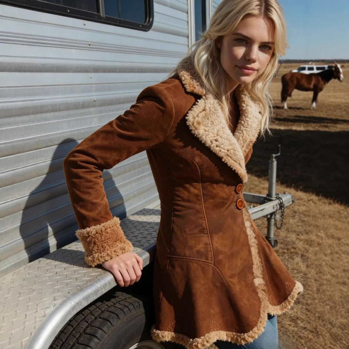 Women's Tailored Suede Coat with Lambskin-Look Lining and Flared Peplum Mune Fashion