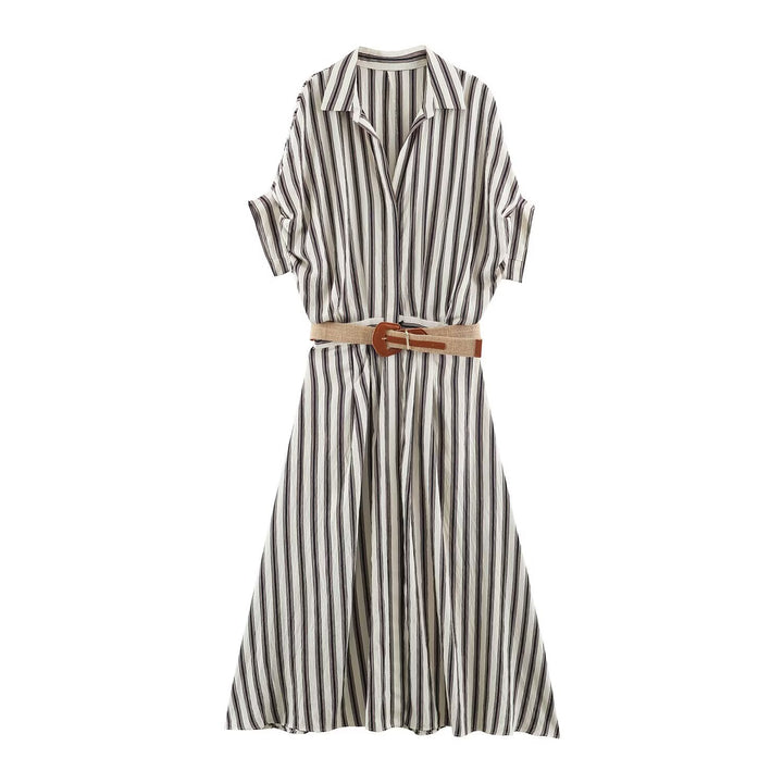 Women’s Long Striped Shirt Dress with Waist Belt and Dropped Shoulders Mune Fashion