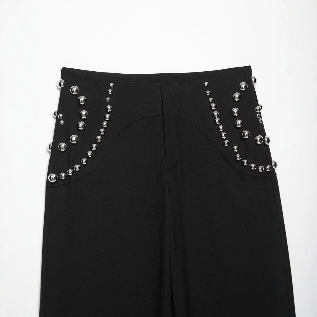 Women's Wide High Waist Pants with Stud Accents and Decorative Pearls Mune Fashion