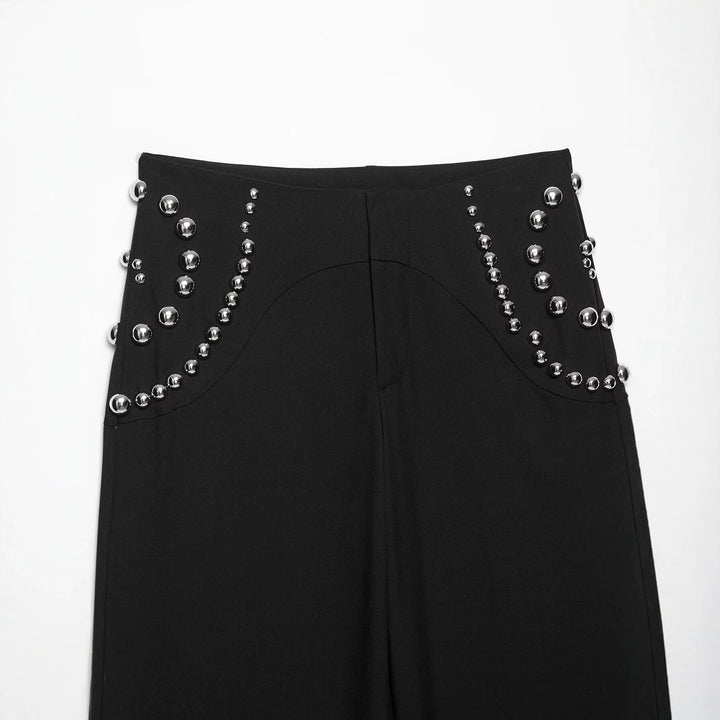 Women's Wide High Waist Pants with Stud Accents and Decorative Pearls Mune Fashion
