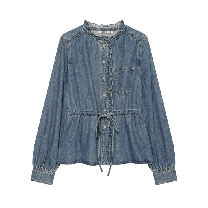Women’s denim blouse with flounce button placket, drawstring waist and ruffle collar Drune