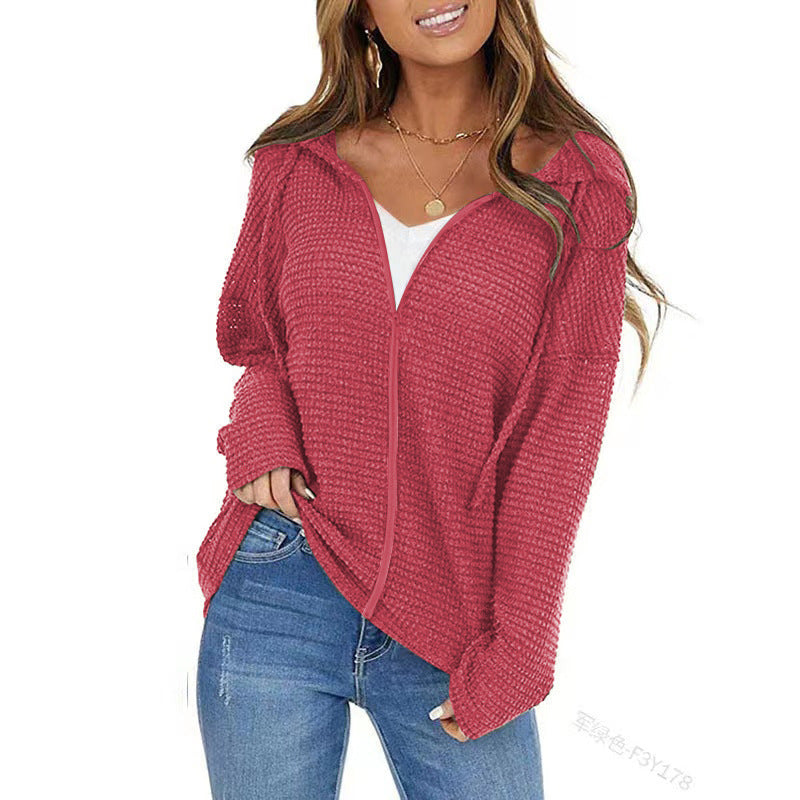 Women Oversize Waffle Knit Hoodie with Zipper Mune Fashion