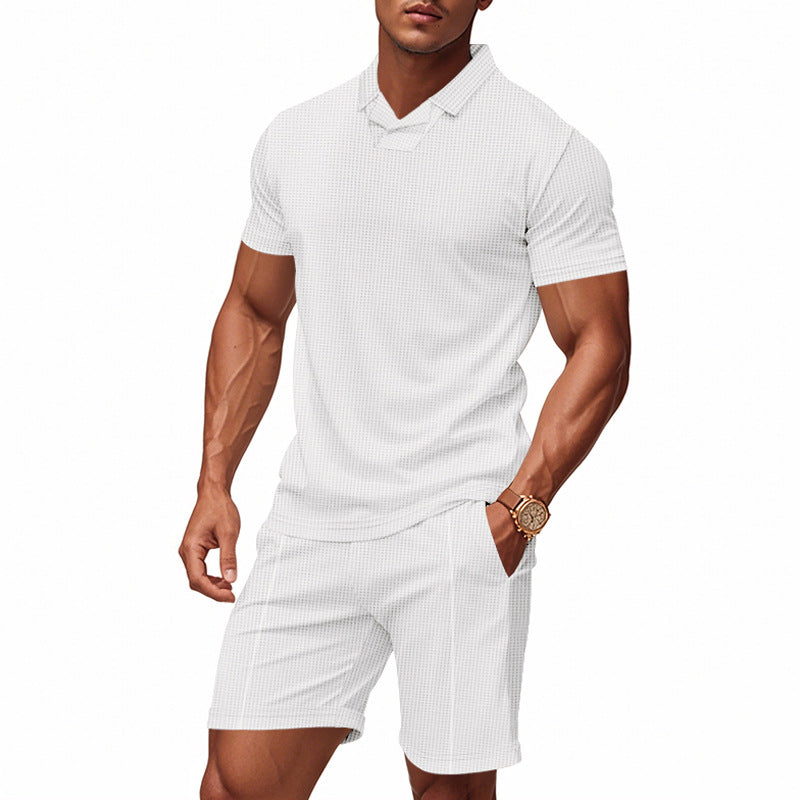Men's casual waffle structured leisure set with lapel collar short sleeve shirt and elastic leisure shorts Mune Fashion