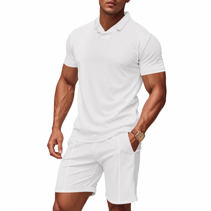 Men's casual waffle structured leisure set with lapel collar short sleeve shirt and elastic leisure shorts Mune Fashion