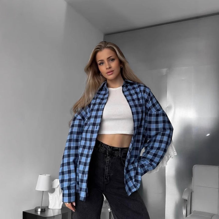 Women's Oversized Checked Flannel Shirt Jacket with Loose Fit Mune Fashion