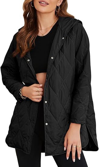 Women's quilted hooded jacket with snap button placket, side slits, and medium length Mune Fashion