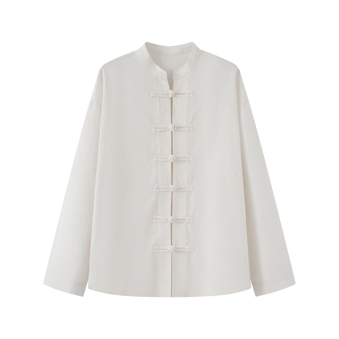 Ladies Loose Linen Mix Blouson with Stand Collar and Knot Closures Drune