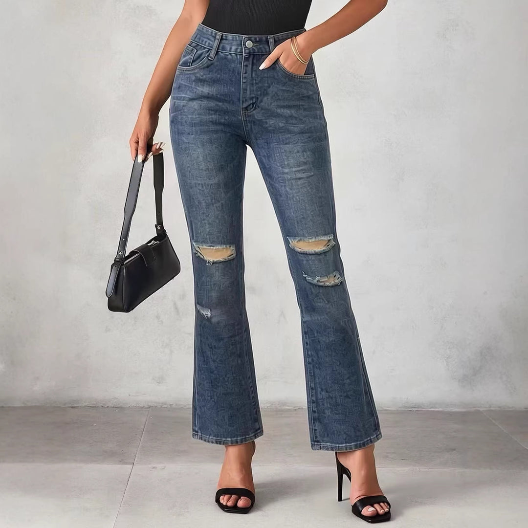 Women nan High-Waist flared jeans with distressed knee area and structured denim look Mune Fashion