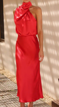Women Flowing Maxi Dress with Elegant Stand Collar and Draping Mune Fashion