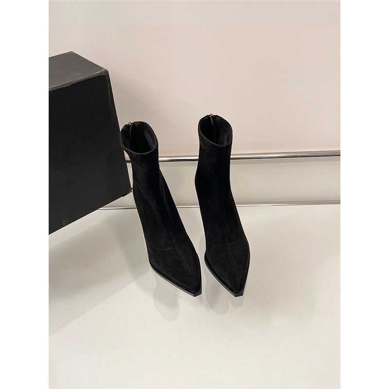 Women pointed toe ankle boots made of suede look with sock-like shaft and slim stiletto heel Mune Fashion