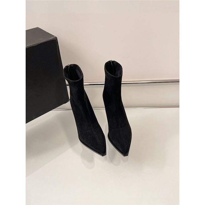 Women pointed toe ankle boots made of suede look with sock-like shaft and slim stiletto heel Mune Fashion