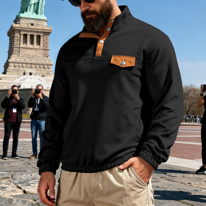 Men's functional sweat with stand-up collar, snap button placket and faux leather trim Mune Fashion