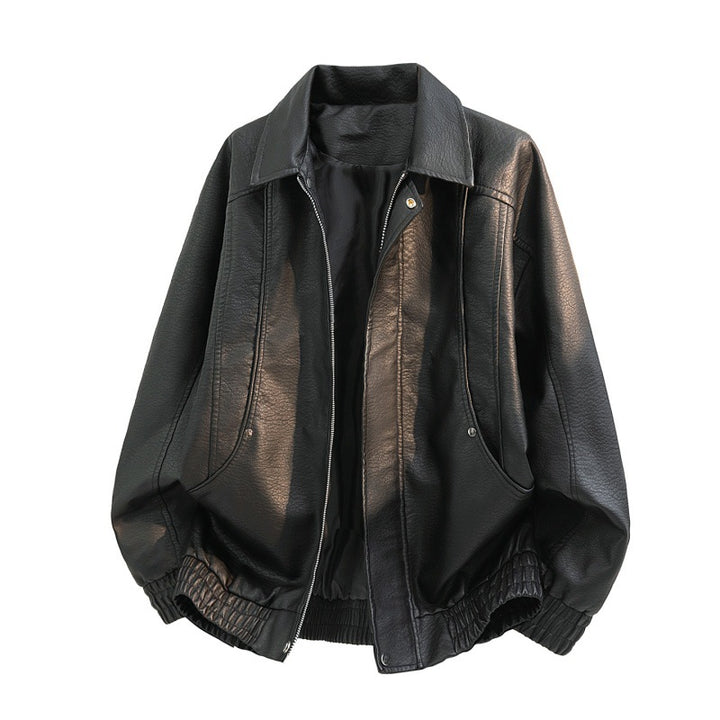 Men's oversized faux leather field jacket with concealed zipper, elastic hem, and patch pockets Mune Fashion