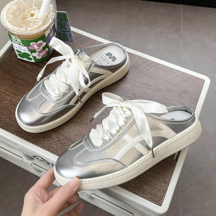 Women's Satin Lace-Up Mule Sneakers with Open Heel and Metallic Look Mune Fashion