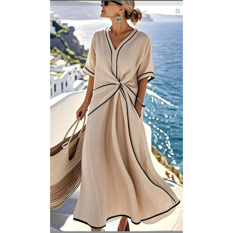 Women's maxi dress with V-neck, side knot and contrast piping Mune Fashion