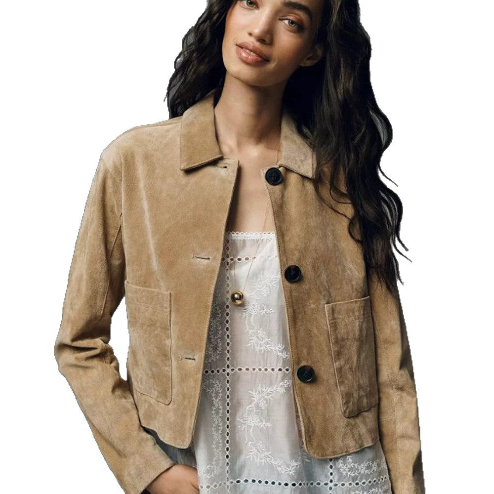 Women Short Suede Jacket in Clean-Cut with Patch Pockets Mune Fashion