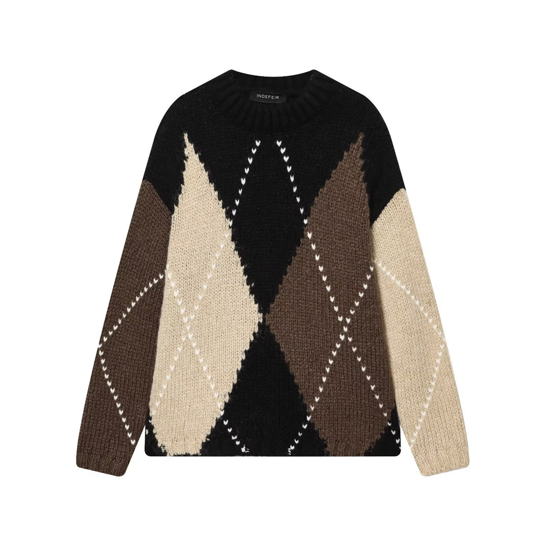 Women Chunky Knit Argyle Sweater with Oversized Cut and Ribbed Collar Mune Fashion