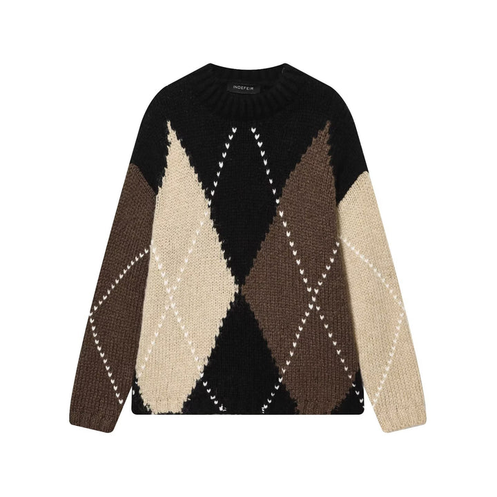 Women Chunky Knit Argyle Sweater with Oversized Cut and Ribbed Collar Mune Fashion