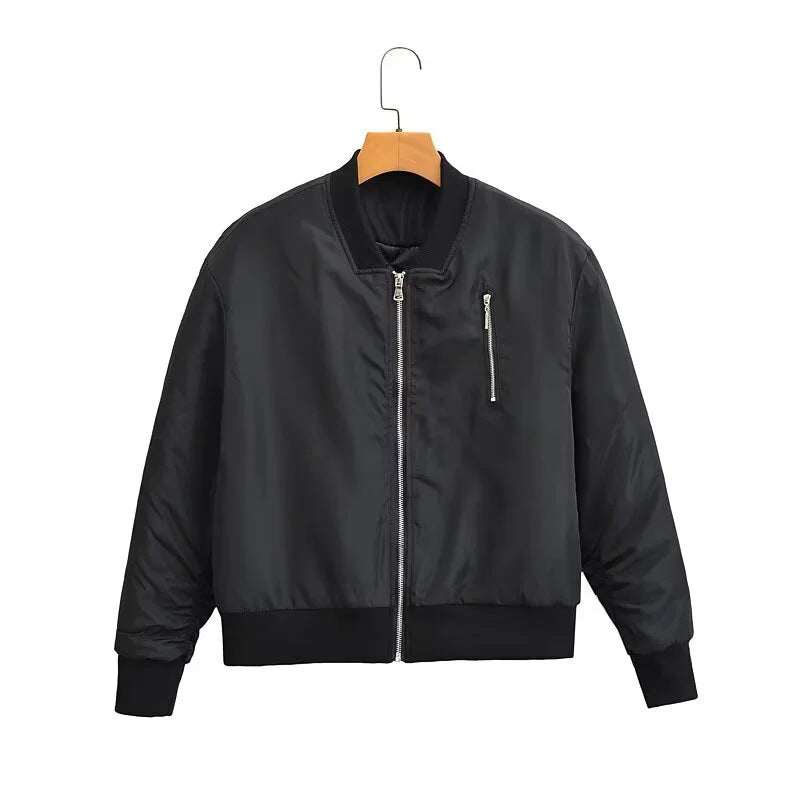 Women nan windproof satin bomber jacket with chest zipper, ribbed cuffs and light thermal lining Mune Fashion