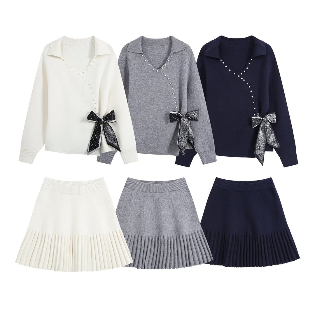 Ladies Two-Piece Fine Knit Set with V-Wrap Top, Bead Trim and Pleated Midi Skirt Mune Fashion