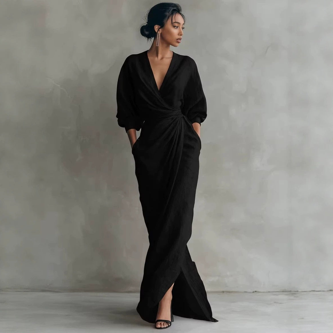Women's wrap maxi dress made of linen blend with deep V-neck and balloon sleeves Mune Fashion