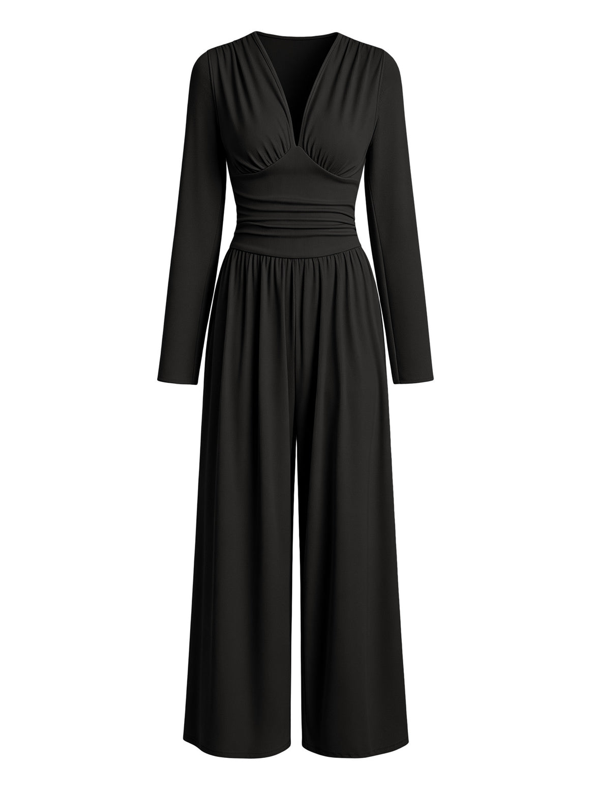 Ladies Elegant V-Neck Jumpsuit with Fitted Wrap Waist and Wide Leg Mune Fashion