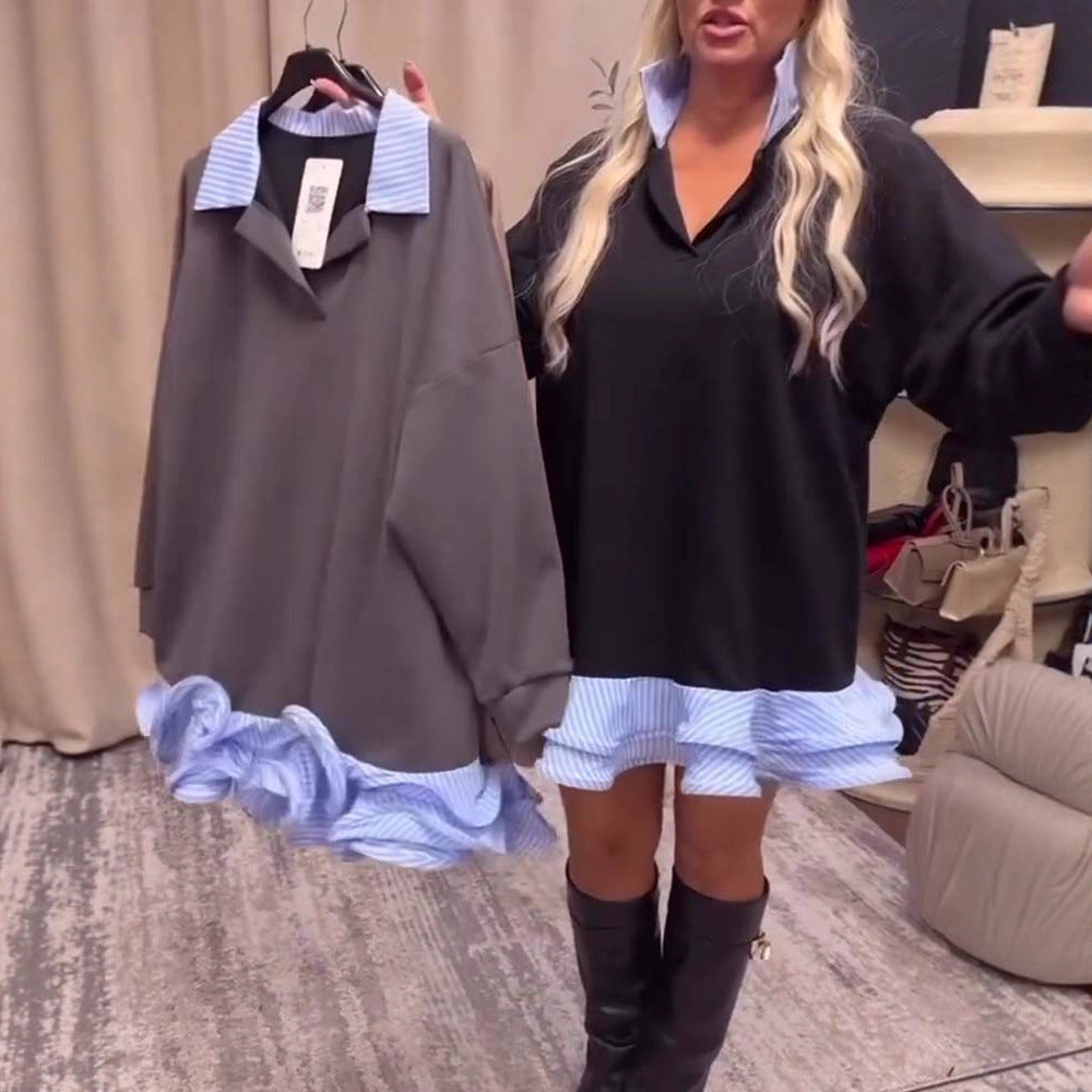 Women's loosely fitted sweater dress with striped shirt ruffle, stand collar, and long cuff sleeves Mune Fashion