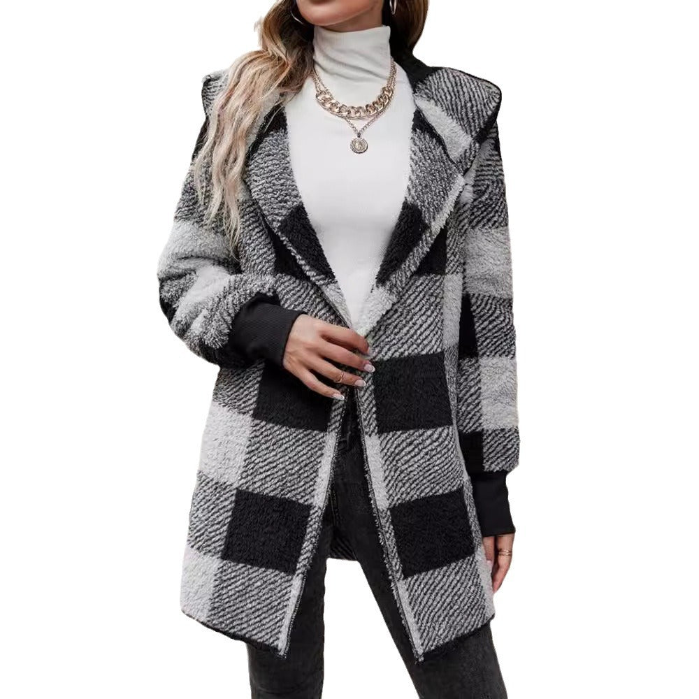 Women's checked teddy coat with large lapel collar and ribbed cuffs Mune Fashion