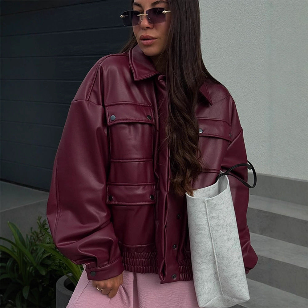 Women Oversized Faux Leather Jacket with Placket Snap Pockets and Elastic Hem Mune Fashion
