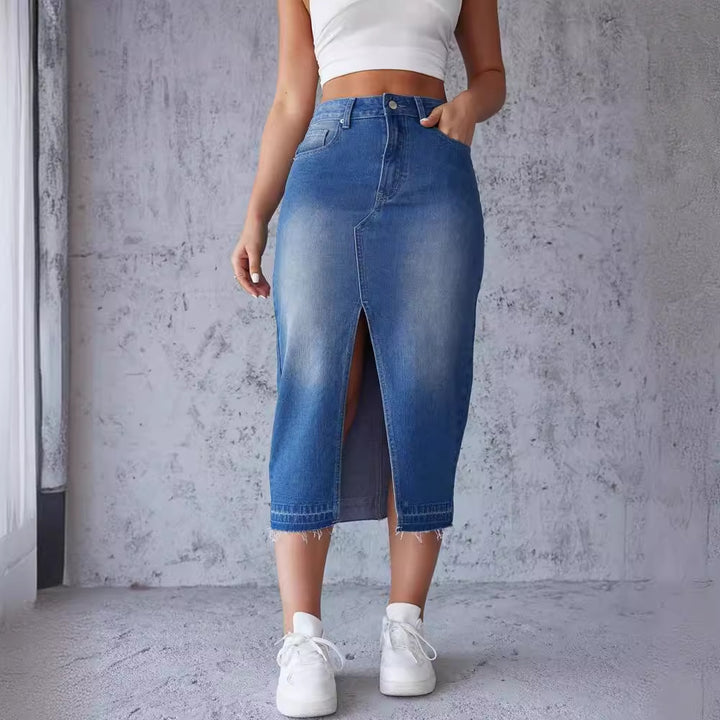 Ladies nan figure-hugging high-waist denim pencil skirt with front thigh slit and raw hem Mune Fashion