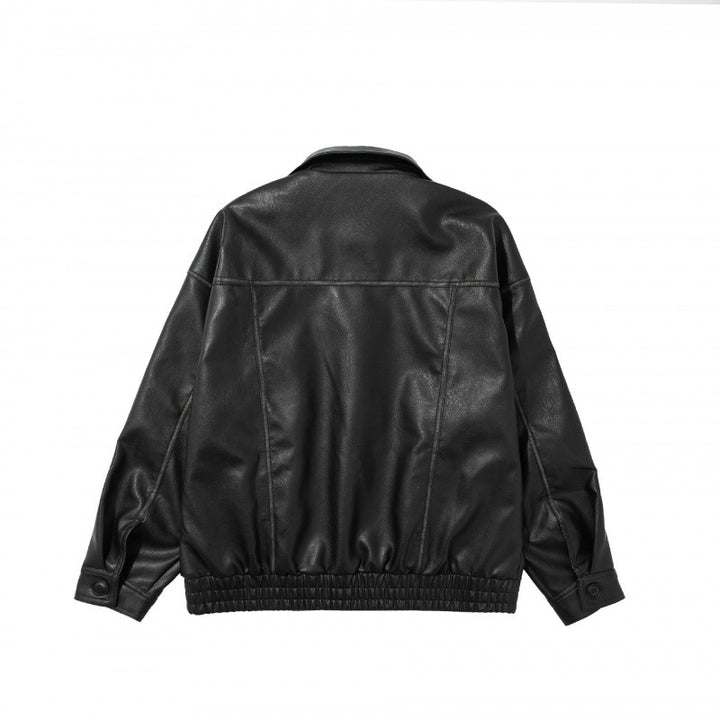 Unisex Short Cut Oversized Faux Leather Blouson Jacket with Shirt Collar, Flap Pockets and Elastic Hem Mune Fashion