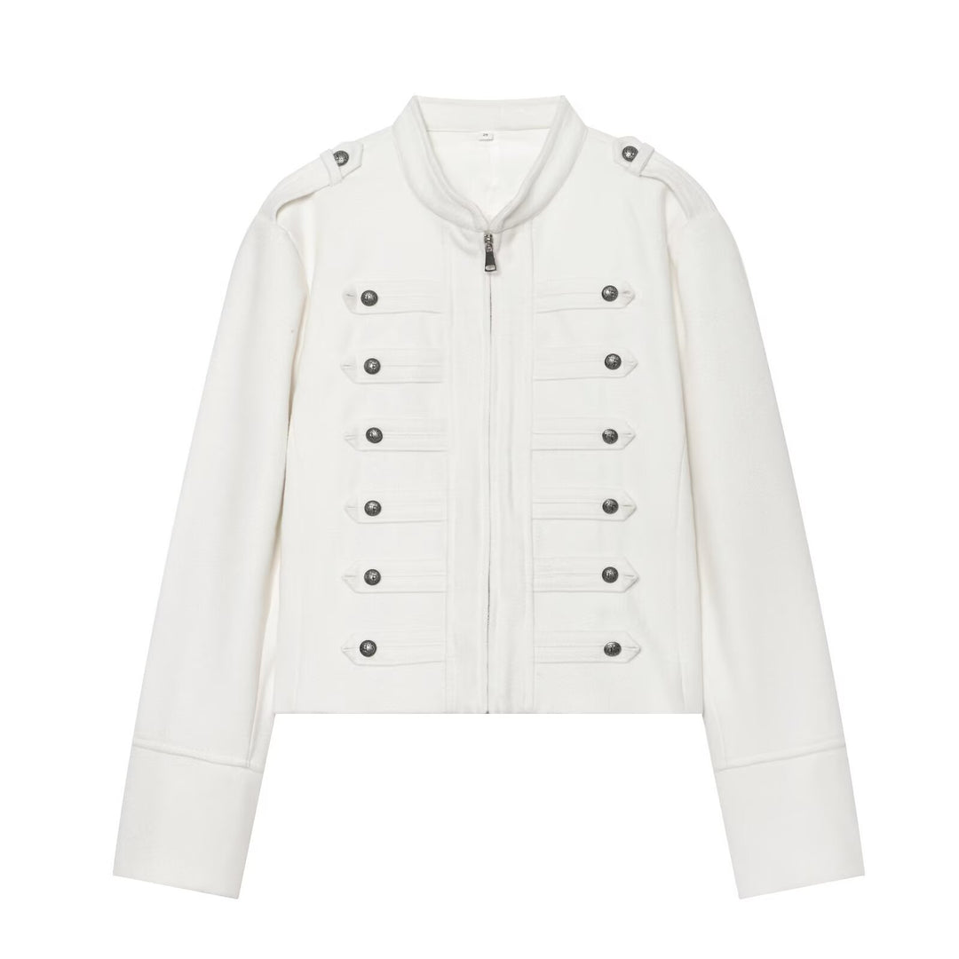 Women Military Inspired Short Wool Jacket with Stand Collar Mune Fashion