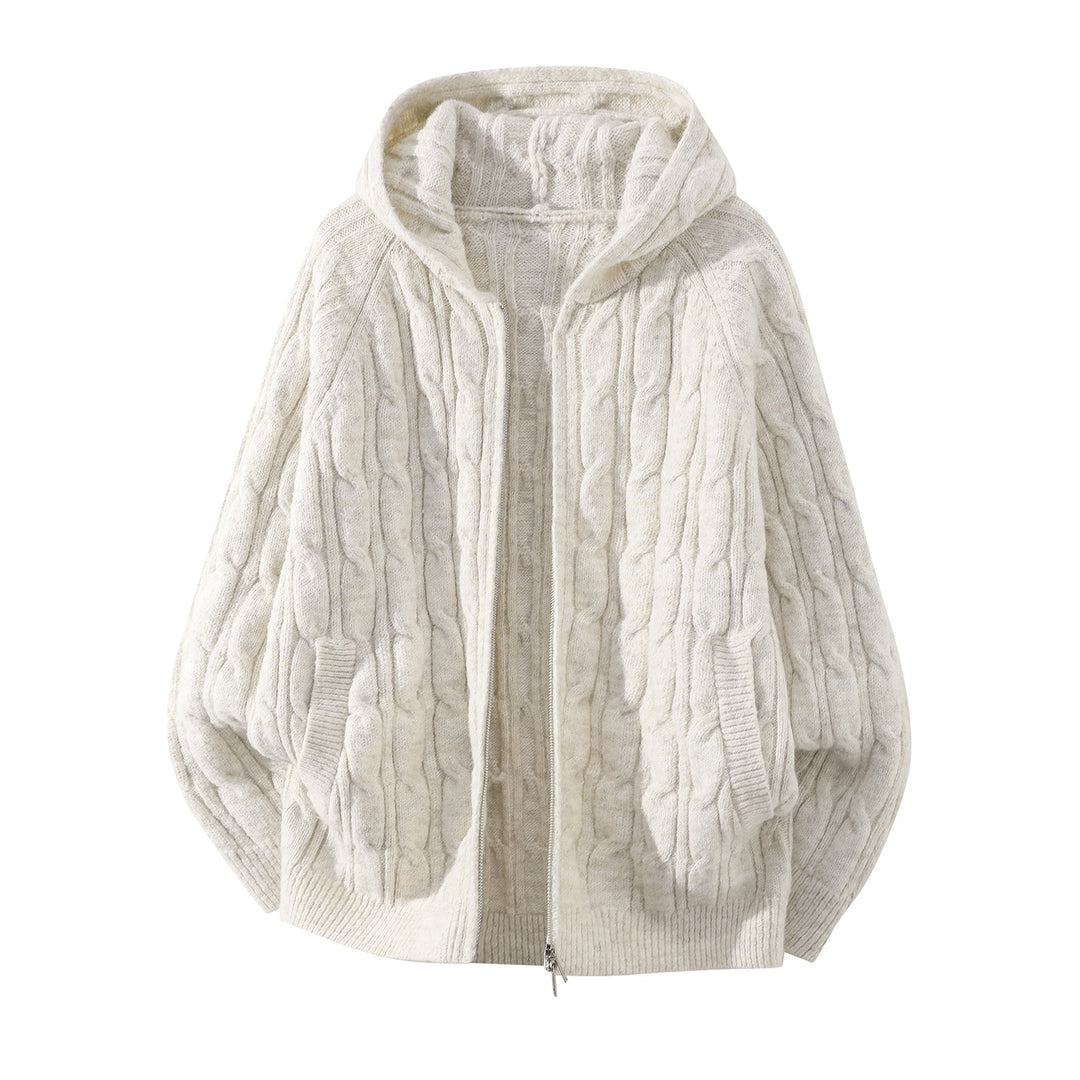Women's Oversized Hooded Cardigan with Cable Knit Pattern and Separating Zipper Mune Fashion