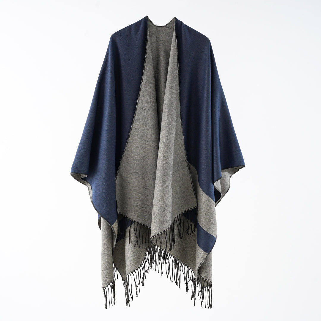 Ladies multifunctional fringe wrap poncho made of wool blend with double-layered drape
