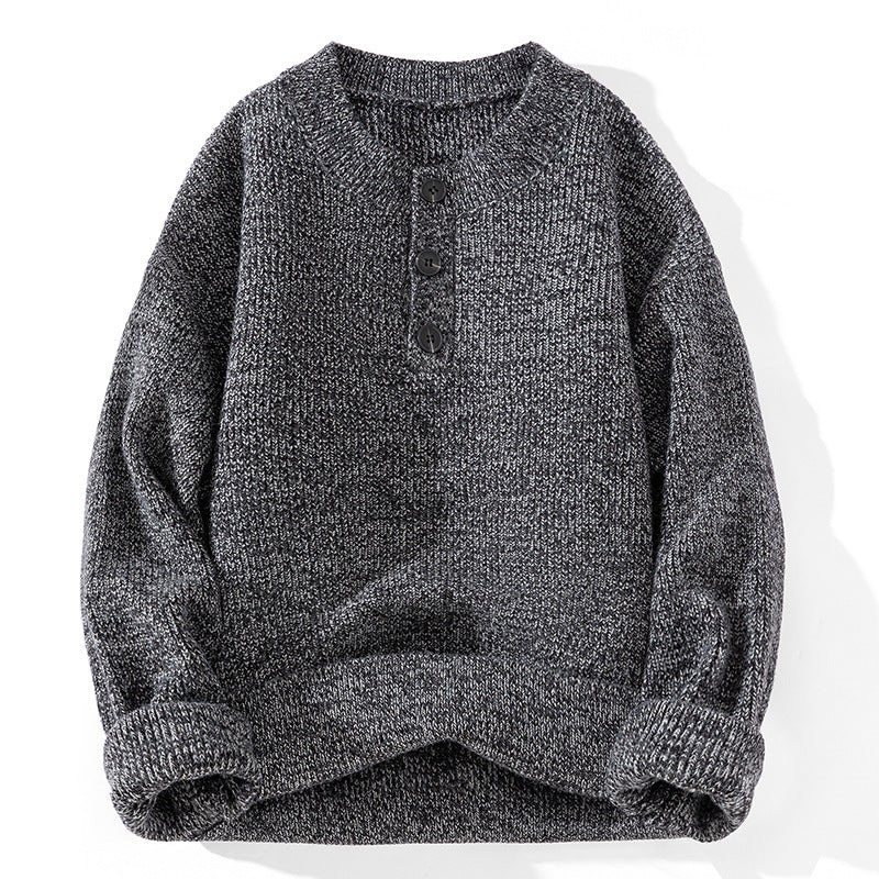 Unisex chunky knit Henley pullover with half button placket and ribbed texture Mune Fashion