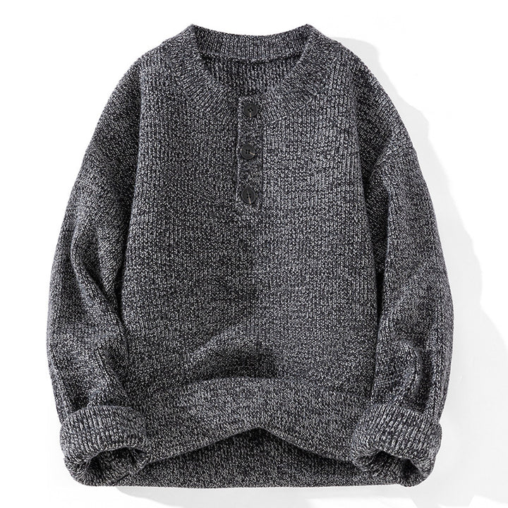 Unisex chunky knit Henley pullover with half button placket and ribbed texture Mune Fashion