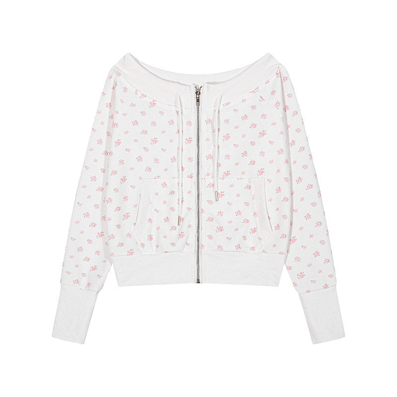 Women's short-cut hooded jacket in waffle knit with wide off-the-shoulder neckline and floral print Mune Fashion