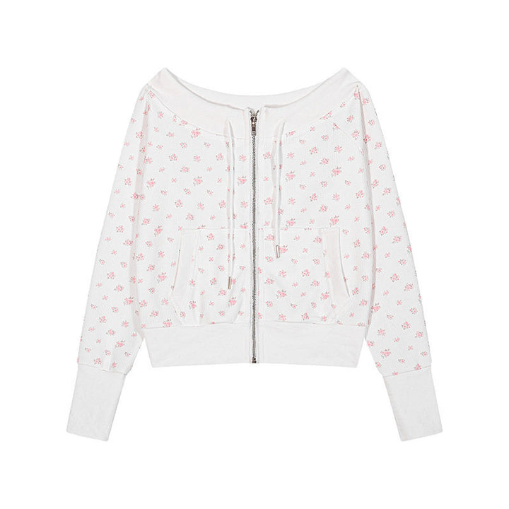Women's short-cut hooded jacket in waffle knit with wide off-the-shoulder neckline and floral print Mune Fashion